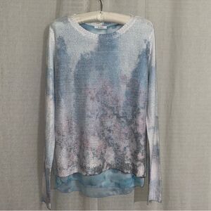 SIONI L White Blue Pink Cloud Floral Reverse Knit Sweater Blouse Pullover
